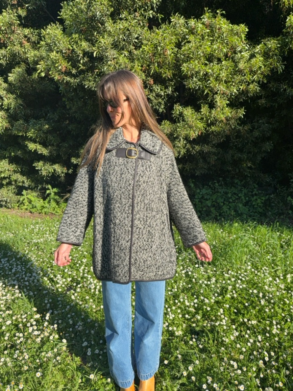 Coach Alpaca Wool Blend Bouclé Swing Coat with Leather Trim